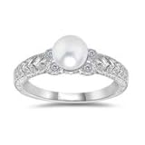 0.04 Cts Diamond and White Pearl Antique Ring in 14K White Gold