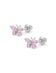 Kids Jewelry - Silver Pink C.Z. Butterfly Girls Screw Back Earrings
