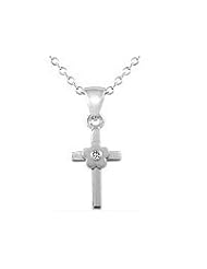 Girls Jewelry - Silver Diamond Flower Cross Pendant Necklace (14-16 inches)