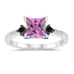 0.22 Cts Black & White Diamond, 1.04 Cts Pink Sapphire Engagement Ring in 14K White Gold