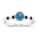 0.16 Cts Black Diamond & 1.14 Cts Swiss Blue Topaz Five Stone Engagement Ring in 14K White Gold