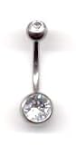 Polished Titanium Double Jeweled Navel Bar with Crystal Stones 14 guage by 3/8