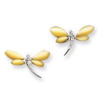 Sterling Silver CZ Yellow Mother of Pearl Dragonfly Earrings - JewelryWeb