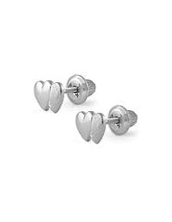 14K White Gold Double Hearts Stud Screw Back Earrings For Girls