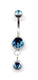 Double Jeweled Dropper Navel Bar in Blue Zircon 14 gauge by 3/8