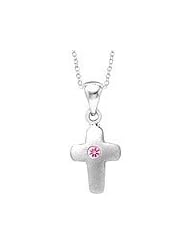 Young Girls Sterling Silver Cross Pendant With Pink Sapphire (14 to 16 inches)
