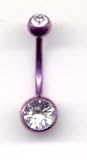 Purple Titanium Double Jeweled Navel Bar with Crystal Stones 14 guage by 3/8
