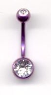 Purple Titanium Double Jeweled Navel Bar with Crystal Stones 14 guage by 1/2