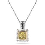 0.12 Ct Black & White Diamond, 1.41 Ct Yellow Beryl Pendant in Silver & Pink Gold