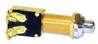 MARINE WORKS PUSH BUTTON SWITCHES Momentary On-Off Push Button Switch. Use for starter, horn or various functions. Solid brass construction. Mounting bushing 1-1/4Lx5/8Dia. OAL 2-7/8. 2 screw terminals. Maximum panel thickness 1.Rating: 25 amps @ 6 VDC, 15 amps @ 12 VDC.