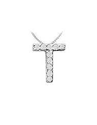 Classic T Initial Diamond Pendant : 14K White Gold - 0.10 CT Diamonds
