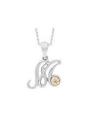 Silver & 14K Gold Diamond Script Initial M Childrens Necklace (14-16 in)
