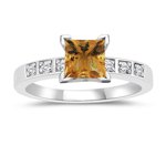0.06 Cts Diamond & 0.69 Cts Citrine Engagement Ring in 14K White Gold