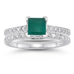 0.60 Cts Diamond & 0.71 Cts Emerald Bridal Ring Set in 14K White Gold