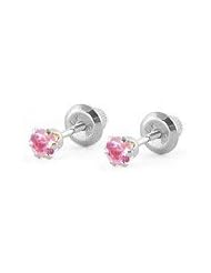 Baby Jewelry - 14K White Gold Pink Birthstone Screw Back Earrings