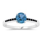 0.14 Cts Black Diamond & 1.14 Cts Swiss Blue Topaz Engagement Ring in 14K White Gold