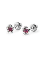 14K White Gold January Birthstone Garnet Flower Baby Girls Earrings