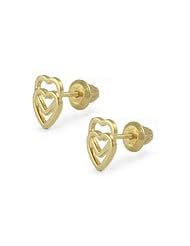 14K Yellow Gold Double Open Hearts Kids Screw Back Earrings For Girls