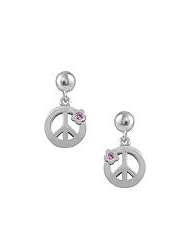 Girls Silver Pink Sapphire Flower Dangling Peace Sign Earrings