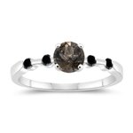 0.16 Cts Black Diamond & 0.85 Cts Smokey Quartz Five Stone Engagement Ring in 14K White Gold