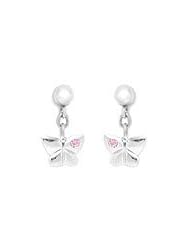 Silver Young Girls Dangling Butterfly Earrings With Pink Sapphire