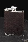 Executive Brown Genuine Leather with Etched Design Stainless Steel 6oz Flask with Funnel