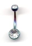 Rainbow Titanium Double Jeweled Navel Bar with Crystal Stones 14 guage by 1/2