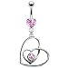 Pink Crystal Heart Within A Heart Dangle Belly Bar Navel Ring