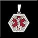 14kw White Gold Hex Shape Medical ID Pendant with Caduceus Medical Symbol in Red Enamel