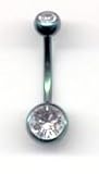 Green Titanium Double Jeweled Navel Bar with Crystal Stones 14 guage by 3/8