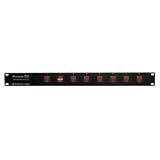 American DJ 8 channel AC power strip with 15 amp breaker and 8 on/off toggle switches. 19 inch rack mountable