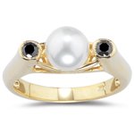 0.21 Cts Black Diamond & Pearl Ring in 14K Yellow Gold
