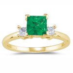 0.20 Cts Diamond & 0.39 Cts of 4.5 mm AAA Princess Emerald Three Stone Ring in 14K Yellow Gold
