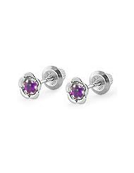 14K White Gold February Birthstone Amethyst Flower Baby Girl Earrings