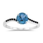 0.16 Cts Black Diamond & 1.14 Cts Swiss Blue Topaz Engagement Ring in 14K White Gold