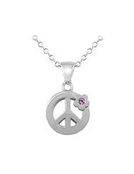 Silver Pink Sapphire Peace Sign Pendant Trace Chain Girl Necklace (14-16inches)