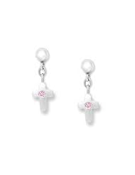 Silver Young Girls Dangling Cross Earrings With Pink Sapphire Accent