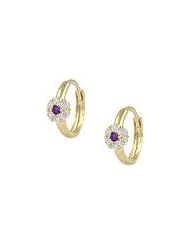 14K Yellow Gold Flower February Birthstone Huggie Hoop Baby Earrings