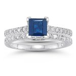 0.60 Cts Diamond & 1.04 Cts Blue Sapphire Bridal Ring Set in 14K White Gold