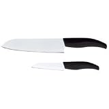 Slitzer 2pc Ceramic Coated Santoku Style Kitchen Knife Set Soft Grip Black Abs Handles