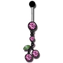 Black Cherries Belly Button Ring with Hot Pink Cherry Sprig by 