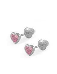 14K White Gold Pink C.Z. Heart Kids Screw Back Earrings For Girls