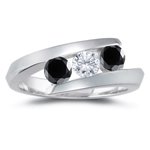 3/4 Cts Black & White Diamond Three Stone Ring in 14K White Gold