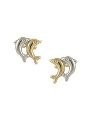 Childrens 14K Two-Tone Gold Double Dolphin Stud Screw Back Earrings