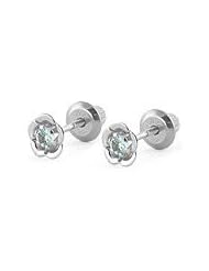 14K White Gold March Birthstone Aquamarine Flower Baby Girls Earrings