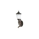 1 light outdoor in rubbed bronze, white ribbed glass, for right side