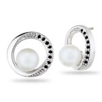0.13 Cts AA Black Diamond & Pearl Circle Earrings in 14K White Gold