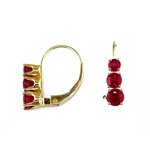 14K Gold Three Stone Ruby Lever Back Earrings