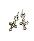 Sweet Romance Retro Silver and Gold Finish Flower Chapel Cross Dangle Earrings