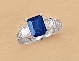 Rhodium Plated Sterling Silver Ring, 6x8mm Sapphire Blue/1.5x4mm Clear Baguette CZs, Sizes 6-10